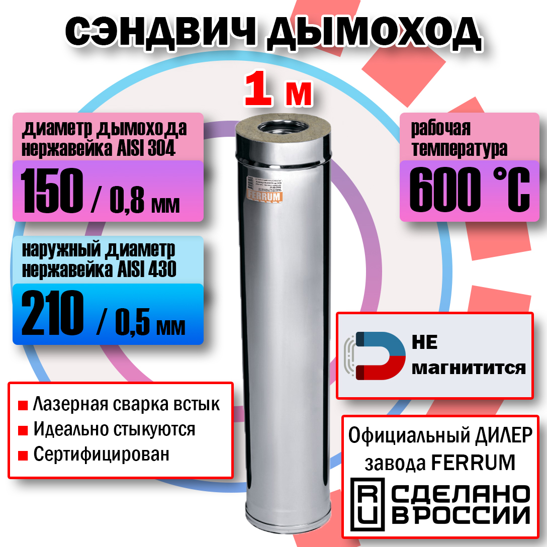 Сэндвич дымоход 150х210 (L: 1,0 м) AUSTENITE (304/0,8мм + нержавейка) Феррум