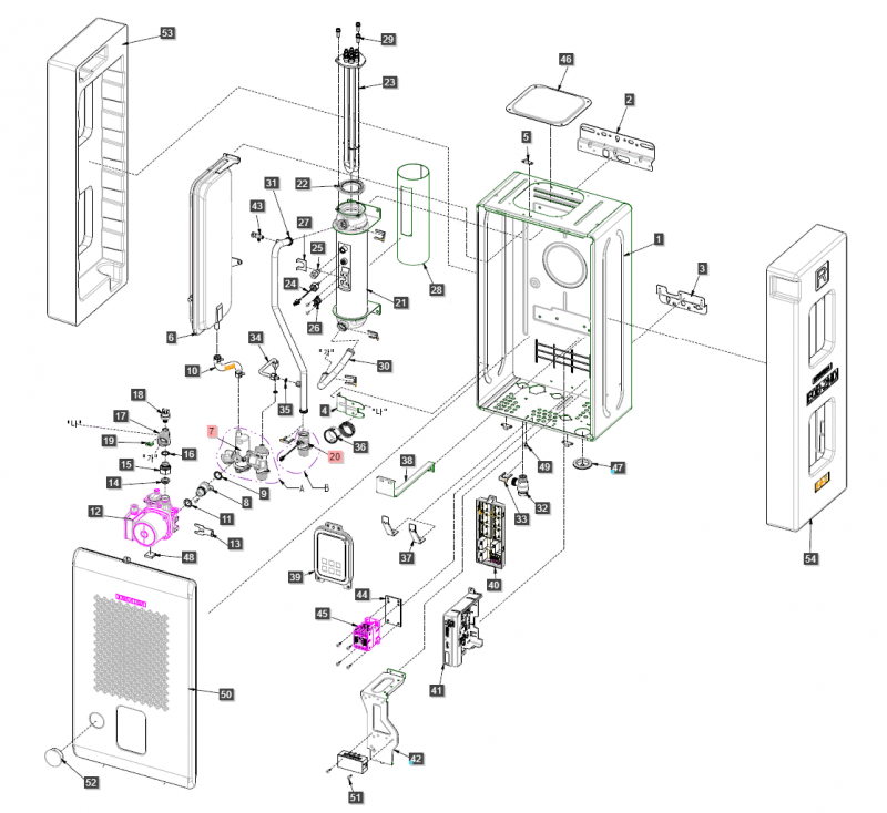 Взрывная схема котла Navien EQB и инструкции с кодами ошибок